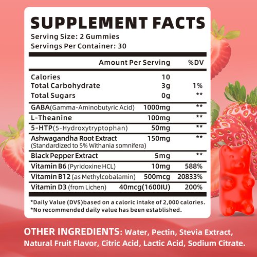 XIAAN GABA Gummies 1000mg for Kids & Adults, Chewable GABA Supplements with L Theanine 5-HTP Ashwagandha Vitamins B6,B12,D3 for Calm & Zzz, Sugar-Free/Vegan, Strawberry Flavor 60 Count