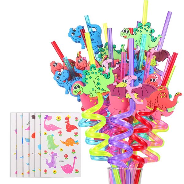 FZR Legend 24 Reusable Dinosaur Drinking Plastic Straws + 6 Dinosaur Temporary Tattoos for Kids Girls Boys | Dinosaur Birthday Party Supplies Three Rex Party Favors Decorations with Cleaning Brush