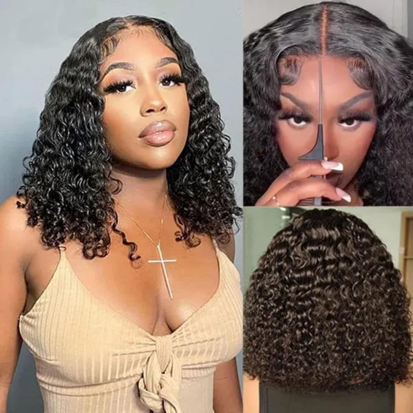 ISEE Hair Wear and Go Glueless Wigs Bob Wigs Human Hair Pre Plucked Water Wave Lace Front Wigs Human Hair Upgraded No Glue Transparent Lace Closure Wigs Human Hair for Women Natural Black 10 Inch