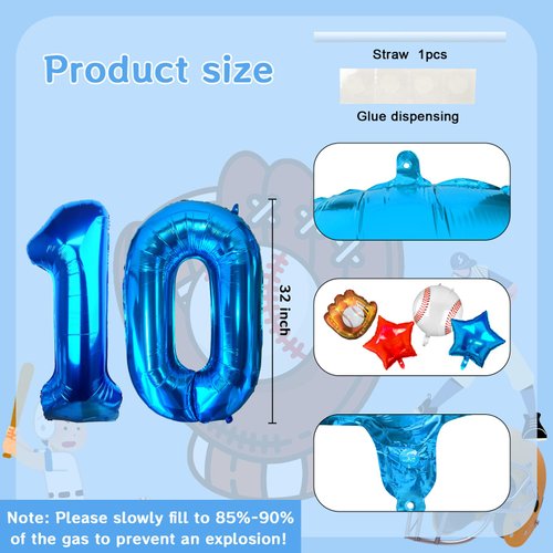 Lukinuo Baseball Balloons 10th Birthday Decorations Baseball Birthday Party Supplies Glove Baseball Foil Balloons Red White and Blue Star Balloons Number 10 Baseball Balloon for Rookie of The Year Boy