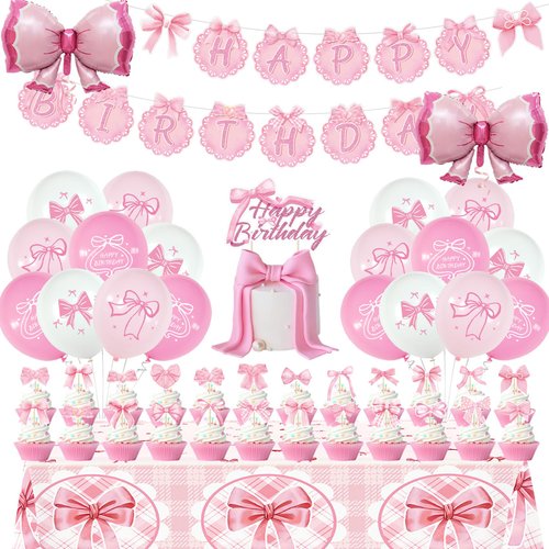 Pink Bow Birthday Party Decorations, Pink Coquette Girl Party Supplies Includes Banner,Tablecloth,Cake Cupcake Toppers, Bow Foil Balloons,Latex Ballonns for Baby Shower Bachelorette Party