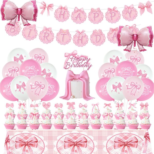 Pink Bow Birthday Party Decorations, Pink Coquette Girl Party Supplies Includes Banner,Tablecloth,Cake Cupcake Toppers, Bow Foil Balloons,Latex Ballonns for Baby Shower Bachelorette Party