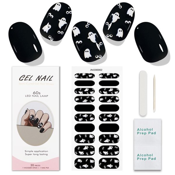 JMEOWIO Semi Cured Gel Nail Strips Halloween Cute Ghost Gel Nail Stickers Nail Supplies Nail Art Design Decoration Accessories
