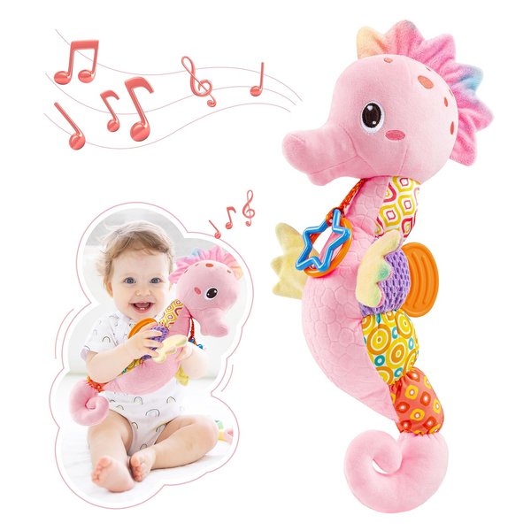 AWOTOY Baby Toys 0 to 12 Months, Musical Stuffed Animal Activity Soft Toys with Multi-Sensory Crinkle, Rattle and Textures,Infant Tummy Time Toys for Newborn Girls, Seahorse, Pink