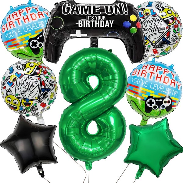 Video Game Party Balloons Supplies Include Huge Controller Balloons 32 inch Number 8 Foil Balloon Round Gaming Balloons Star Foil Balloons for Kids Boys 8th Birthday Decorations