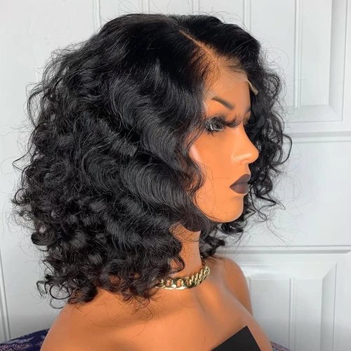 Quinlux Wigs HD Invisible Human Hair 13X6 Lace Front Wigs Deep Side Parting Short Curly Brazilian Remy Hair Glueless Wigs HD Transparent Lace Short Bob Deep Wave Human Wigs 150% Density 14inch