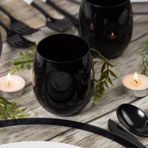 PLASTICPRO 6 Pack Black Plastic Wine Glasses Stemless Disposable 12 oz BPA Free Shatterproof Plastic Wine Cups Wine Glasses for Parties