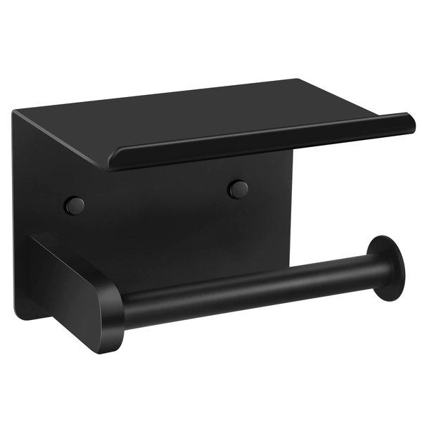 Toilet Paper Holder, Matte Black Toilet Paper Holder with Shelf,Screw or Self Adhesive Toilet Paper Holder Wall Mount,SUS304 Bathroom Toilet Paper Holder,Toilet Paper Roll Holder for Bathroom,Washroom