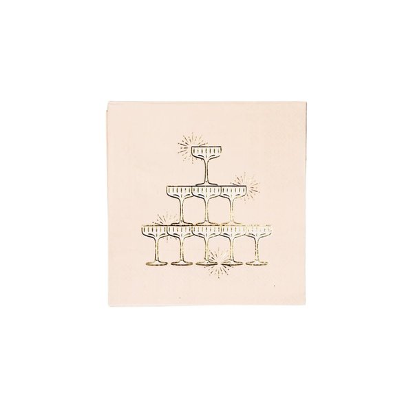 Champagne Tower Cocktail Napkins by Bonjour Fete | Small Cocktail Party Paper Napkins for NYE, Bridal & Wedding Showers I Premium 3-Ply Gold Foil, Eco-Friendly, Beverage Napkin | 5" Folded (20 Pack)