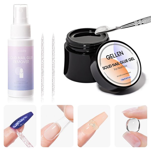 Gellen Solid Gel Nail Glue with Nail Glue Remover Set 15g Solid Nail Glue Gel for Press On Nails Acrylic Nails 60ml Soft Gel Nail Tips Glue Remover UV Lamp Gel Glue for Nails
