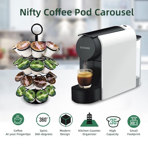 ROWISE K-Cup Pod Carousel Holder and Organizer for 36 Pods - Spins 360 Degrees, Detachable, Modern Metal Design in Black for Home and Office Counters