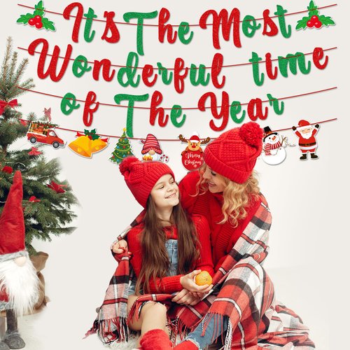 Its the Most Wonderful Time of the Year Sign Banner, Pre-assembled Red&Green Happy Holidays Banner, Christmas Holiday Garland, Funny Merry Christmas Party Decorations Holidays Decorations