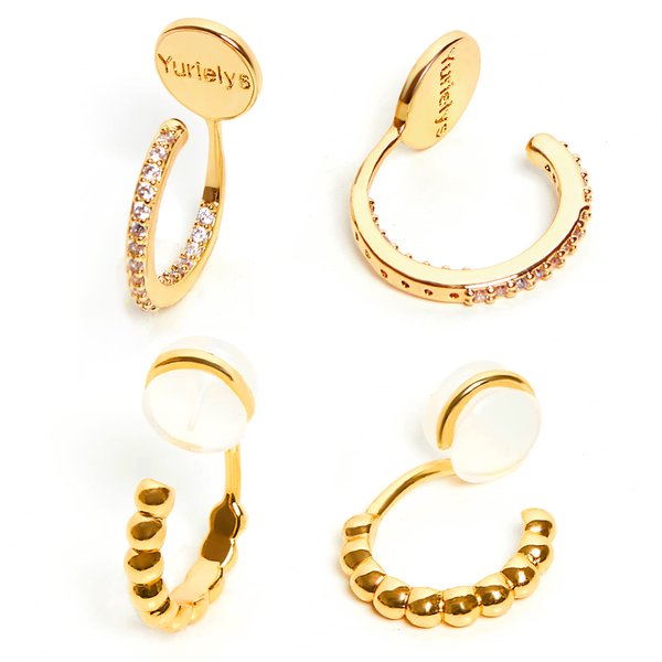 Yurielys Clip on Hoop Earrings for Women Girls, 14K Real Gold Plated Cubic Zirconia Mini Hoop Beaded Hoop Non Pierced Fake Piercing Earrings