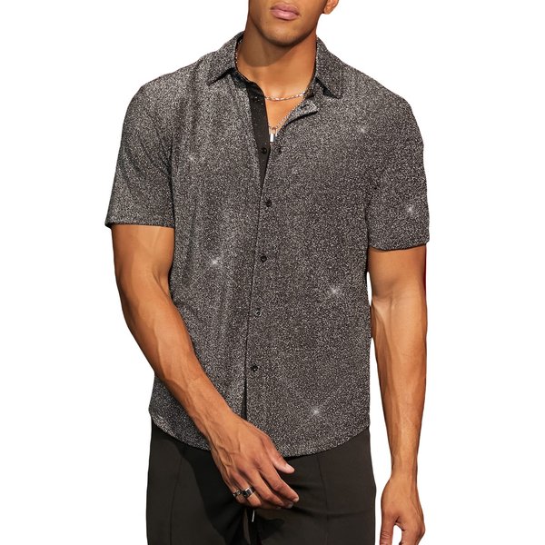 Verdusa Men's Glitter Button Down Shirt Short Sleeve Tops Silver XL