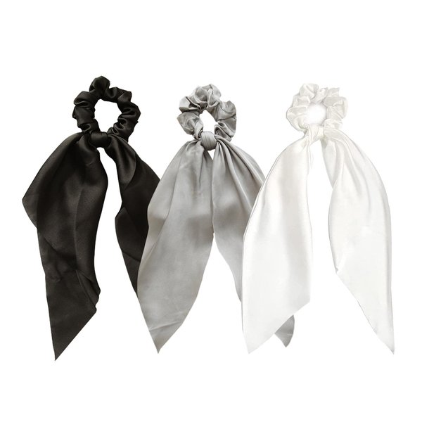 Hair Scarf Scruncheis for Women Elastic Black Hair Ties Satin Knotted Bow Hair Accessories for Girl Long Ribbon White Scrunchies Ponytail Holders Gray Scrunchy (3PCS)