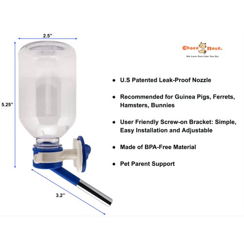 Choco Nose Patented No-Drip Water Bottle/Feeder for Guinea Pigs/Hamsters/Bunnies/Ferrets/Other Small Pets, Critters and Animals -for Cages, Crates or Wall Mount. 11.2 oz. Nozzle 10mm, Blue (H128)
