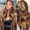 Ombre Highlight Lace Front Wigs Human Hair Body Wave Colored 4/27 Honey Blonde 13x6 Lace Frontal Human Hair Wigs for Women 180% Density Balayage Highlight Honey Blonde Lace Front Human Hair Wig 28Inch