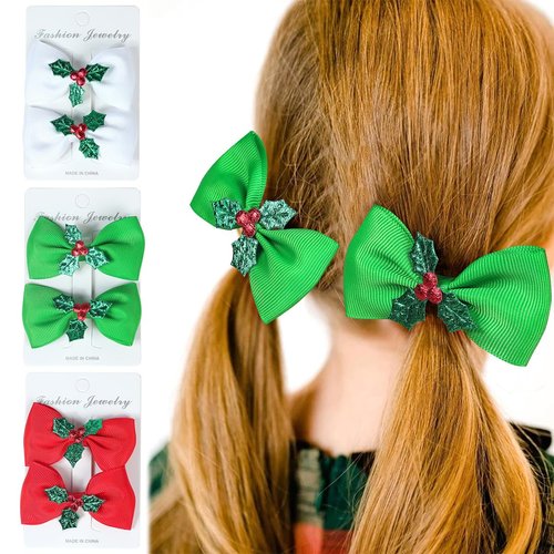 6PCS Christmas Hair Bows Clips for Kids Women Girls Christmas Cute Red Green White Bows Clips Hairgrips Small Knot Hair Accessories for Xmas Cosplay Costume Party Decorations