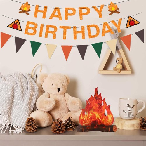 Camping Themed Birthday Party Decorations,Glitter Happy Birthday Banner with 3D Campfire Hanging Swirls,for Camper Camp Hiking Adventure Birthday Party Decor