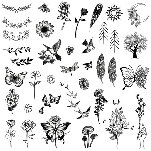 Mini Nature Temporary Tattoos - Realistic Long Lasting Waterproof Tiny Tattoos - Black and White Butterflies Bird Flower Rose Tree Branch Boho Small Tattoos for Women and Men