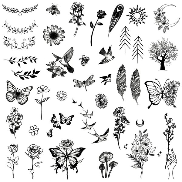Mini Nature Temporary Tattoos - Realistic Long Lasting Waterproof Tiny Tattoos - Black and White Butterflies Bird Flower Rose Tree Branch Boho Small Tattoos for Women and Men