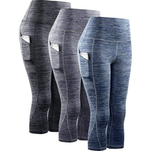 NELEUS Women's 3 Pack Tummy Control High Waist Yoga Capri Leggings with Pockets,9034,Black,Grey,Navy Blue,M