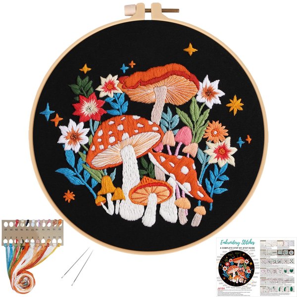 Louise Maelys Mushroom Embroidery Kits for Beginners with Art Night Pattern,Adults Starter Cross Stitch Kit DIY Needlepoint Kits