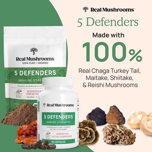 Real Mushrooms 5 Defenders Powder - Organic Mushroom Extract w/Chaga, Shiitake, Maitake, Turkey Tail, & Reishi - Supplement for Brain, Focus, & Immune Support - 45 Servings