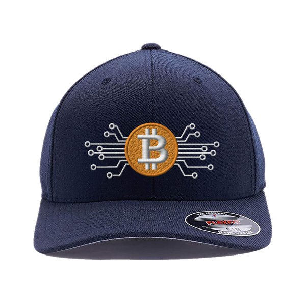 Bitcoin hat. Bitcoin Digital Currency. Embroidered. 6477 Flexfit Baseball Cap. (L/XL, Deep Navy)