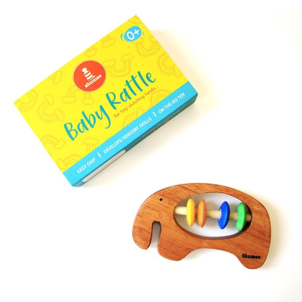 Shumee Wooden Baby Rattle Clutching Toy - Elephant Shaped Teether for Babies (6 Months+)