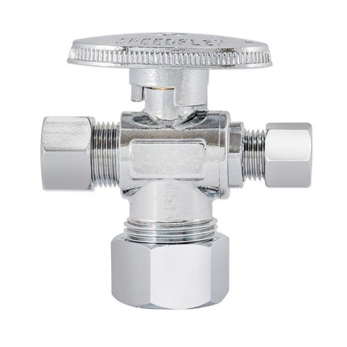 Eastman Quarter-Turn Dual Outlet 3-Way Stop Valve, 3/8 Inch OD Compression x 1/4 Inch OD Compression x 5/8 Inch OD Compression, Chrome Plated, 48654LF
