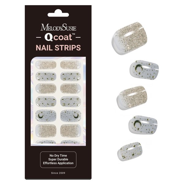 MelodySusie Qcoat Fully Cured Gel Nail Strips (Golden Stars) - UV Free Nail Polish Strips, Salon-Quality, Long Lasting Gel Nail Stickers, Includes 22 Nail Wraps, 2 Prep Pad, Nail File & Wooden Stick