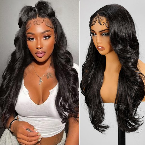 KOME Black Synthetic Lace Front Wig,13×4 HD Lace Body Wave Wig,Put On Go Glueless Wigs,Shaggy Wolf Haircuts Wig for Women Daily Use Hair Wig 26IN