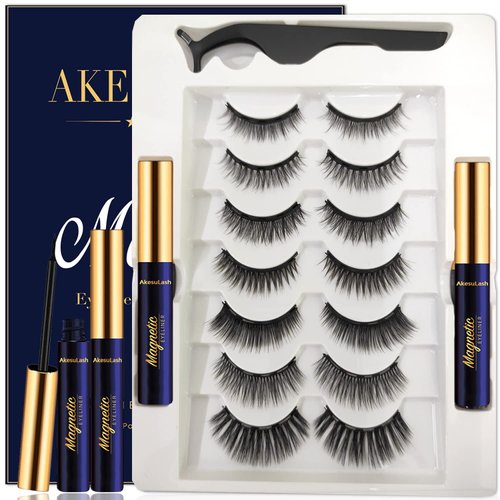 AkesuLash Magnetic Eyelashes Natural Look - Magnetic Lashes with 2 Tube of Magnetic Eyeliner - 7 Pairs Mangetic False Eyelashes Kit with Applicator - Easy to Apply