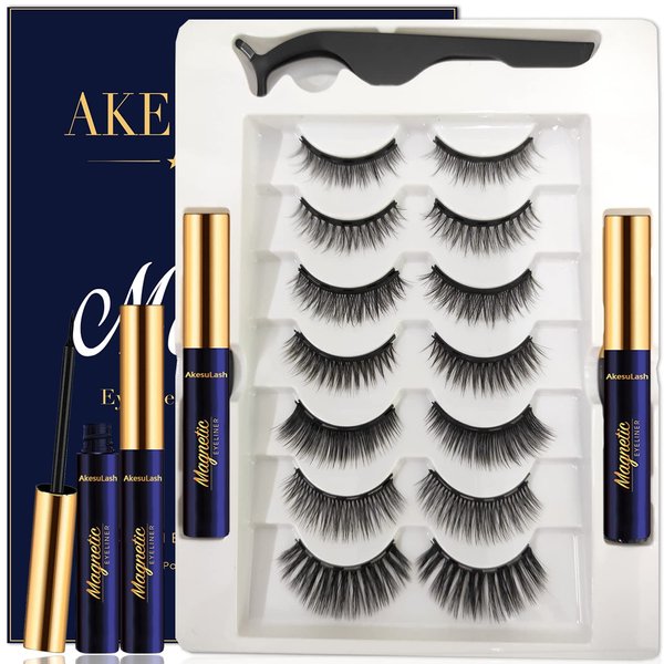 AkesuLash Magnetic Eyelashes Natural Look - Magnetic Lashes with 2 Tube of Magnetic Eyeliner - 7 Pairs Mangetic False Eyelashes Kit with Applicator - Easy to Apply