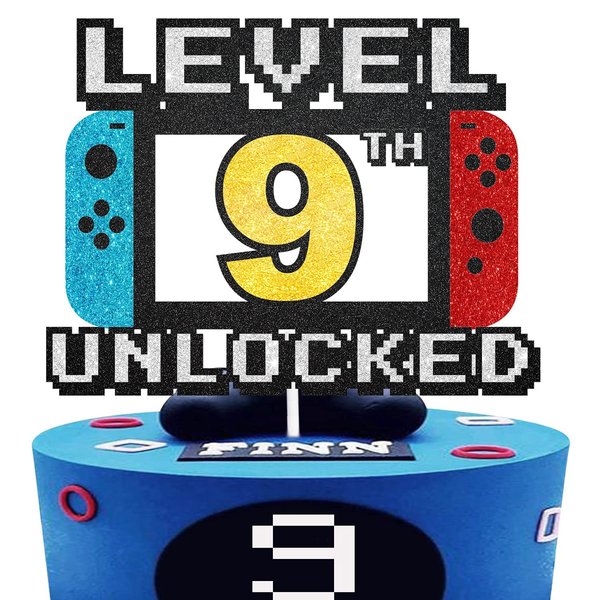 Level 9th Unlocked Cake Topper - Level 9th game Sign Theme Party Decorations 9th Birthday Level Up Cake Decorations for Video Game Themed Kids Boy Girl Party Supplies