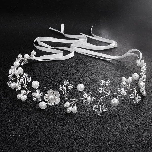 HJYHYN Crystal Pearl Bridal Headband Bohemian Headpiece Leaf Hair Vine Flower Wedding Hair Accessories(silver)