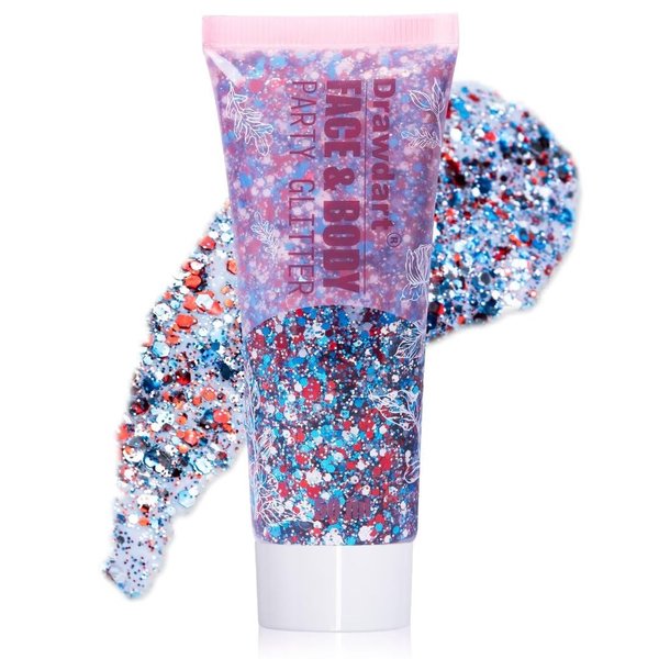 Drawdart USA Flag Pride Body Glitter,4th of July Hair Glitter Gel,Festival Rave Glitter Face Makeup,Sparkling Chunky Body Glitters,Independence Day Patriotic Accessories,50ml