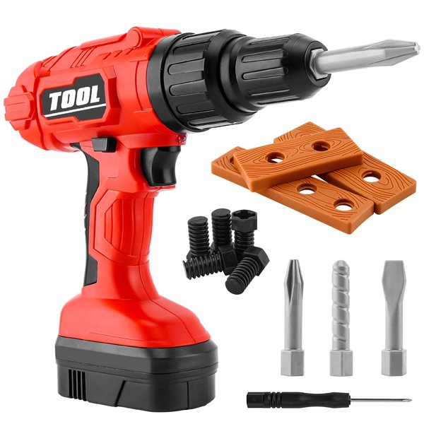 PANPAPA Electric Power Kids Drill and Screw Set，Toy Drill Set Include 3 Interchange dirll bits with Realistic Sound & Action，Kids Pretend Play Tool，Drill Toys for Kids Ages 3-5 Boys(Red)