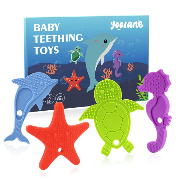 Yoolane Baby Teething Toys Teethers for Babies 3-24 Months Ocean Sea Animals Silicone Teether for Toddler Infant Boy Girl BPA Free Freezable Teething Relief Chew Toy Soothe Sore Gums | 4 Pieces Set