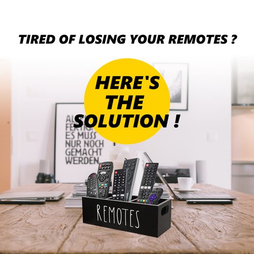 Remote Control Holder, Farmhouse Remote Storage Caddy, Bedside TV Controller Box, Rustic Wood Media Organizer Tray for Home Bedroom Table (Black)