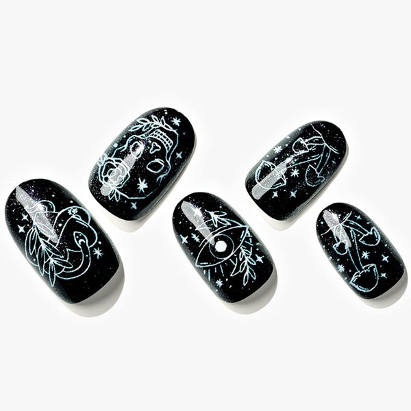 GLAMERMAID Press on Nails Short Squoval, Gothic Glitter Black Glue on Gel Nails with Ghost, 24Pcs Short Square Reusable UV Finish Fake Nails Acrylic False Nails Manicure Kits for Women Gifts