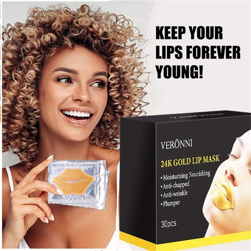 VERONNI 24K Gold Lip Mask -30 PCS Collagen Crystal Lip Masks Set Moisturizer Great Lip Plumper Mask for Dry Lip Hydrating Nourishing,Minizes Lip Fine Lines,Keep Lip Smoother and Soft