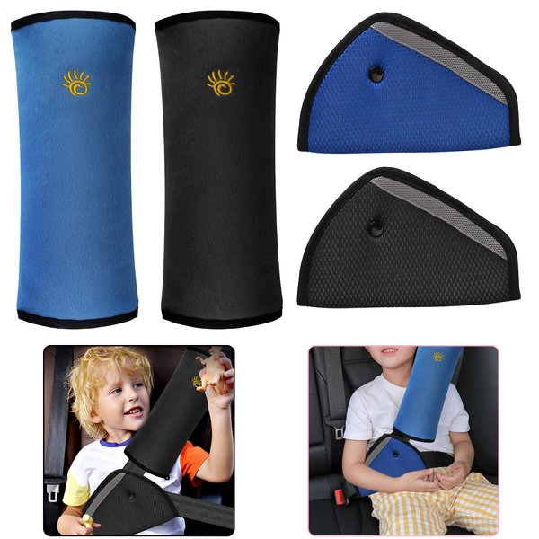 Seat Belt Cover Pad & Seatbelt Adjuster, 4 Pack Kids Seatbelt Cushion & Seat Belt Adjuster, Travel Car Seat Strap Pad Cover, Shoulder Neck Headrest Pillow for Adult Toddler Baby Child (Black+Blue)