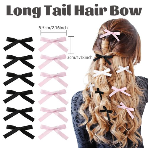 6Pcs Hair Ribbons for Women Hair Clips Tassel Ribbon Bowknot With Long Tail Solid Hair Ribbon for Girls (White/Black/Pink)