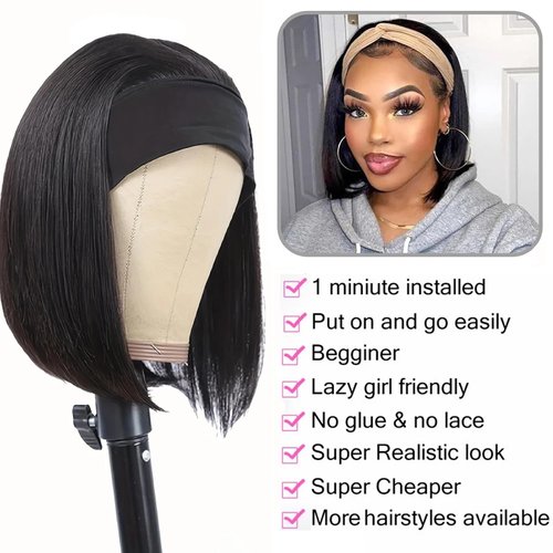 mmiQus Headband Wig Human Hair Straight Human Hair Headband Wigs for Women Glueless None Lace Front Wig 180% Density Straight Wigs Human Hair with Headbands 12 inch