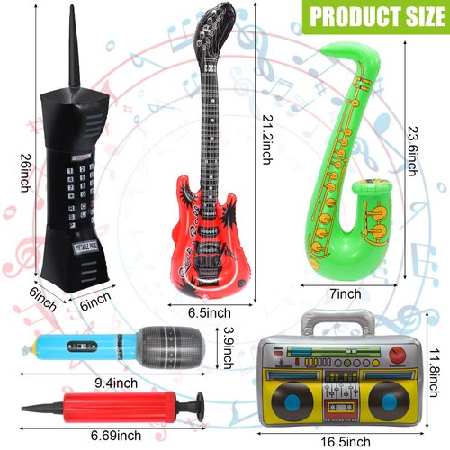 Inflatable Rock Star Toy Set,8 Pack Inflatable Instruments Party Props,Inflatable Guitar Saxophone Boom Box Microphone Mobile Phone for 80's 90's Party Decorations,Rock and Roll Party Favors Supplies