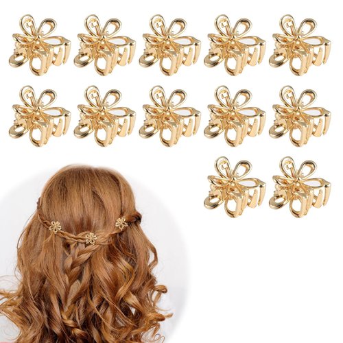 12PCS Small Flower Hair Clips for Women, Gold Flower Hair Claw Clips, Mini Gold Claw Clips for Hair, Tiny Metal Flower Hair Clips, Mini Gold Flower Claw Clips Hair Accessories for Women Girls
