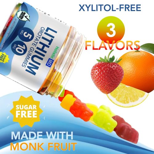Lithium Orotate 5mg 10mg | for Men Women Kids | Lithium Orotate clinically Studied Chelated High Biovalable | 3 Flavors Sugar Free Vegan Gummies 60 ct