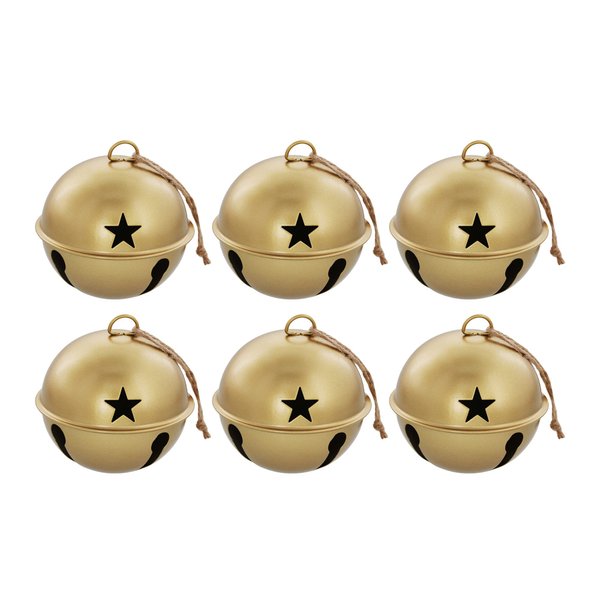 Haute Decor Jingle Bell Ornaments, 3.35-inch Diameter Metal Bells, 6-Pack (Burnished Gold) - Christmas Tree and Holiday Decorations